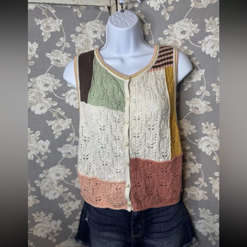 American Eagle Outfitters Size Large Patchwork Knitted Sweater Vest Button Up